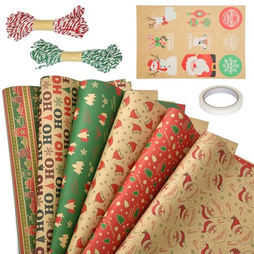 Carta Regalo Natalizia,70×50 cm Carta da Pacchi Natalizia,6 Fogli Carta da Regalo Natalizia con Etichetta e Corda Regalo,Kraft Carta da Pacchi Natale per le Confezioni Regalo Delle Feste di Natale