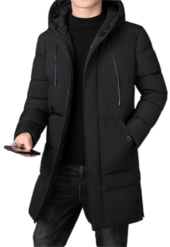 Suncadmious Men's Winter Thickened Down Jacket Waterproof Windproof Thickened Warm Hooded Long Parka Coat Jacket Medium-Length Windbreaker (Black,L)