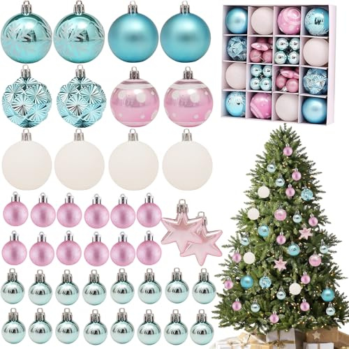 42 esferas decorativas para árbol de Navidad, bolas de Navidad azules y rosas, adornos de bolas de Navidad de 3 cm, 6 cm, mini bolas colgantes, bombillas de plástico para decoración de árbol de