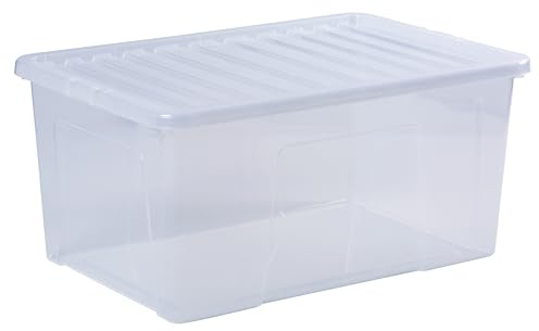 Wham Crystal 90 Liter Storage, Home Office Stackable Nestable, Heavy Duty Plastic Large Storage Box With Lids 70 x 47 x 33 cm solution organizer- Tint Clear (Pack of 4)