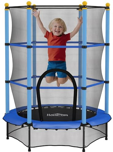 HOMCOM Trampoline Enfant Ø 1,40 × 1,90H m Filet de sécurité Porte zipée Couvre-Ressorts 6 poteaux rembourrés Inclus Bleu