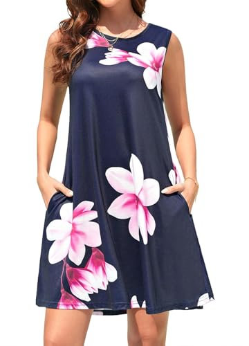 Dress for Women Casual Beach Sun Dresses Cute Hawaiian Summer Sundresses Flattering Boho Tank Slimmming Fit Knee Length Sundress Soft Light Floral Vacation Long Tunics