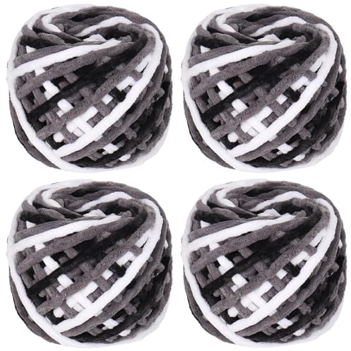 Coopay Lana gruesa para ganchillo, 4 x 90g Lana gruesa para tejer Hilo grueso, Hilo de felpa Lana para tejer, Lana suave Hilo grueso Fluffy para mantas, Lana aterciopelada de felpa - Grizzly
