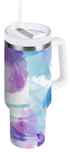 siphylline Light Blue and Purple Splashes Vacuum Coldee Tumbler with Straw Lid Insulated Water Bottle Wide Mouth Mug With Handle for Home, Office or Car