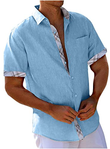 UHouse Chemise Homme en Cotton Lin Vetement Manches Courtes D'Été Chemises Leger Décontracté Chemisette Respirant Habit Col Mao Court Fin Cut Button Down Shirt Bleu 3XL