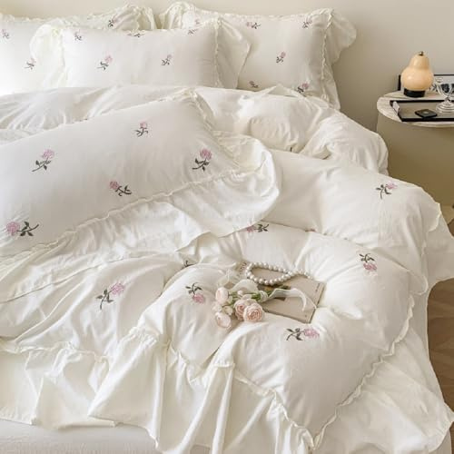 Lanqinglv Ropa de cama de 200 x 200 cm, diseño romántico de flores blancas y rosas con volantes, bordado romántico de microfibra, ropa de cama de 200 x 200 cm y 2 fundas de almohada de 80 x 80 cm, con
