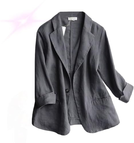 Generisk linneblazer för kvinnor på sommaren, lätt, avslappnad arbetsjacka av linne med en knapp, 3/4-ärmar, , elegant kostymjacka för kontoret, GRÅ, 4XL