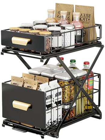 THCTYRP Gewürzregal, 2 Etagen Standregal Küche Arbeitsplatte Regal Organizer 40x26x39cm Ausziehbarer Organizer ohne Montage Stauraum für Gewürze & Flaschen（Schwarz）