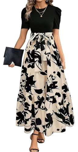 XFSRG Vestito Donna Stampa Floreale Maniche Corte Scollo Rotondo Abiti Elegante Orlo a Volant Estivo Vestiti da Cocktail Party(Beige/XL)