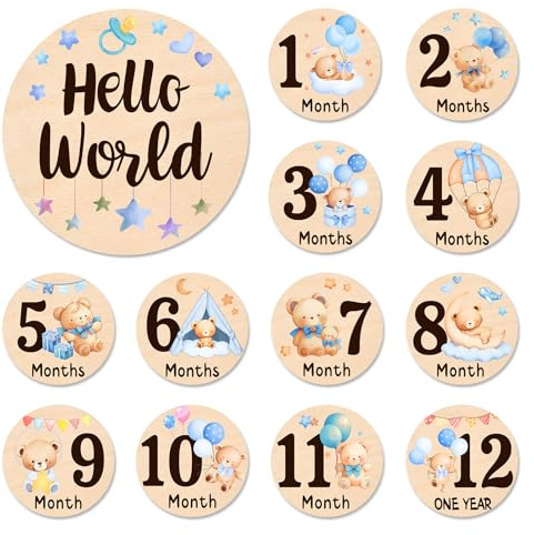 Baby Monthly Milestone Cards - 13 Double-Sided Wooden Milestone Signs Discs with Bear & Star Designs, Little Bears Birth Announcement Cards for Photo Props(0-12 Months), Newborn Sign Baby Shower/Gift