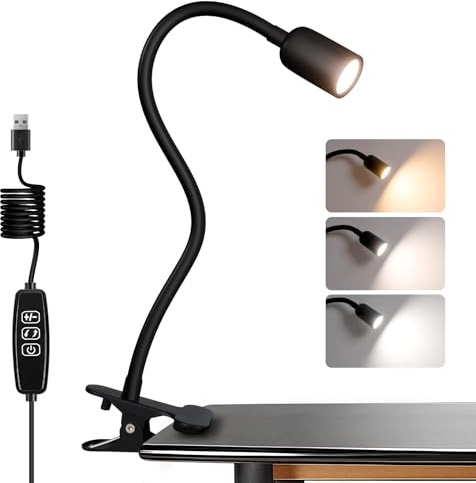 EXTRASTAR LED Desk Lamp, Eye-Caring Clip on Lamp with 3 Color Modes and Ajustable Brightness, USB Charging Port, 3.5W 300LM, for Bedroom, Office