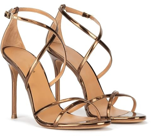 Sandales à Talons Hauts et Lanières pour Femme,Sandales D'été à Bout Ouvert Talons Aiguilles Sexy de 10 cm Chaussures de Soirée à Brides Croisées,Bronze,34 EU