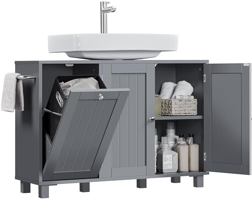 Yaheetech Waschbeckenunterschrank, Unterschrank 3 Türen, Badezimmerschrank mit Wäschekorb, Waschtischunterschrank, Badmöbel, 90 × 30 × 62,5 cm, Dunkelgrau