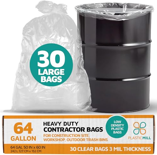 PlasticMill Contractor Bags Heavy Duty - Commercial, Industrial Garbage Bags - Clear Construction Trash Bags - Outdoor, Garden Trash Bags, 64-Gallon, 3 Mil, 50x60 (10-Count)