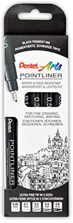 Pentel Pointliner S20P-5, 5er Set Fineliner, schwarz, wasserfest und lichtecht, 0,05-0,8 mm