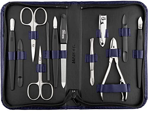 marQus Solingen Mega Maniküre Pediküre Set 12 Teile - Nageletui für Herren und Damen mit allem was man für die Nagelpflege braucht, in hochwertigem Echt-Leder Etui, Dunkelblau
