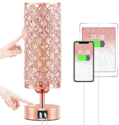 Hong-in Crystal Table Lamp - 3-Way Dimmable Touch Control, Rose Gold Bedside Lamp with USB C and A Ports, Nightstand Light for Living Room, Bedroom, Home Office (Bulb Included)