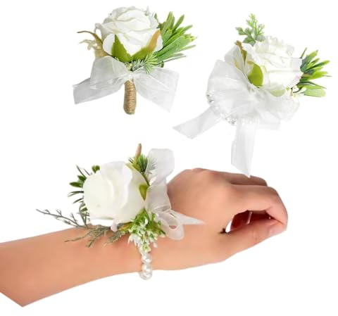 2 rose bianche da polso e corpetto da uomo fiori per cerimonia nuziale, asole all'occhiello e bouquet da polso con rose, bouquet da polso con rose, accessori per spose e matrimoni, decorazione per