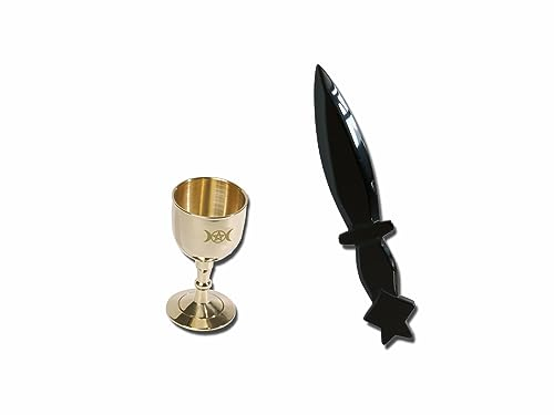 vuagmiv Juego de wicca de cáliz de obsidiana Athame y latón, piedras preciosas negras, suministros y herramientas para altar (Athame y cáliz)