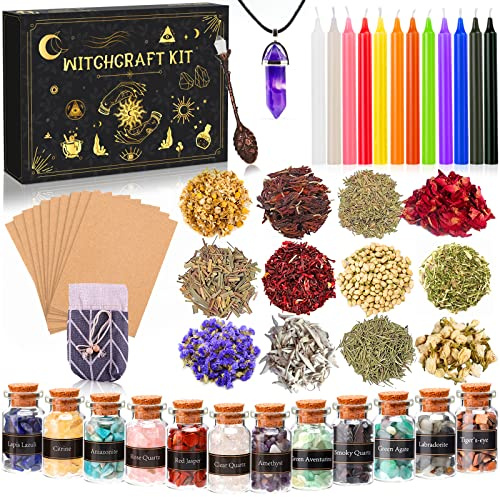 MULEVIP Suministros de Brujería, Oración, y Magia, 52 Pcs, Kit de Hechizos, Mini Piedras Naturales, Hierbas Secas y Velas Mágicas de Colores
