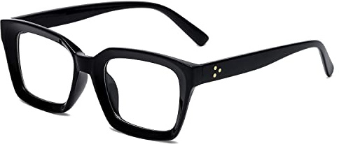 EYLRIM Occhiali classici con lenti trasparenti con montatura quadrata spessa per occhiali da vista da donna e uomo senza prescrizione, A1 Nero Luminoso, Medium