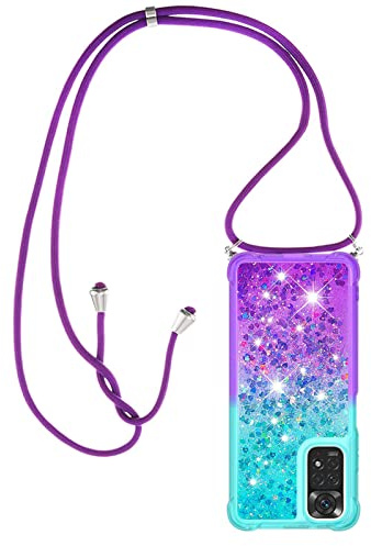 Paekear Halsband för Xiaomi Redmi Note 11 4G/Note 11S silikonskal, flytande glitter flickor kvinnor fodral, axelgnista och snodd halsband med justerbar snodd ficka