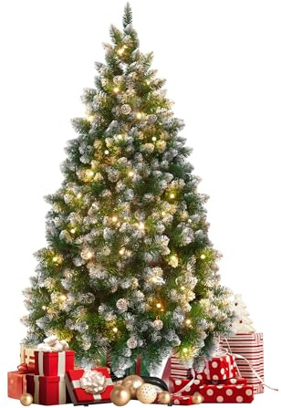 LARS360 150cm Künstlicher Weihnachtsbaum mit Beleuchtung Tannenbaum Grüne PVC mit Schnee-Effekt mit Kiefernzapfen Christbaum Weihnachtsdeko mit Metallständer