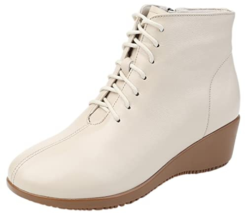 Jamron Donna Moda Vera Pelle Tacco a Zeppa Stivali con Lacci Invernali Stivaletti con Fodera in Pelle Beige EU39.5
