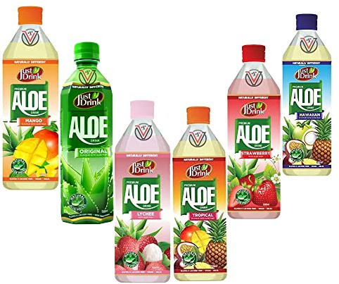 Just Drink Aloe 6 Mixed 500ml Bottles (Strawberry, Mango, Original, Tropical, Lychee, Hawaiian, Summer Berries)