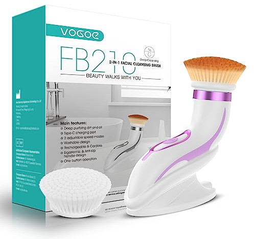 VOGOE Gesichtsreinigungsbürste elektrische, Wiederaufladbar Reinigungsbürste Gesicht IPX6 Wasserdicht, Gesichtsreinigung mit 2 Bürsten und 2 Geschwindigkeiten für Sanftes Peeling FB210 (Lila)
