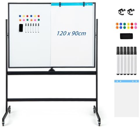 GOPLUS Magnetisk Whiteboard Med Stativ, Dubbelsidig Med Tillbehörsset, Torr Avtorkningsbar, Mobil Höjdjusterbar, För Skola, Kontor, Hem (120 x 90 cm, Svart)