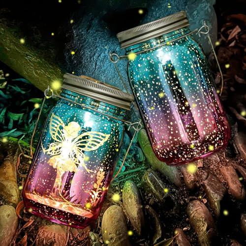 Farolillos Solares Exterior, 2 Piezas Tarro de Albañil Hada, Lámparas de Cristal Impermeable IP44, Colgantes para Exteriores