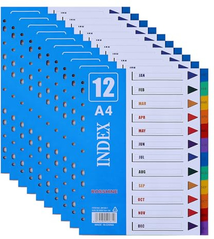 12 Month Part File Dividers A4, 10 Pack Plastic Folder Dividers | for Ring Binder with Multi-Punched 11-Holes Index & Content List, Multi-Colour Index Dividers for Lever Arch Files