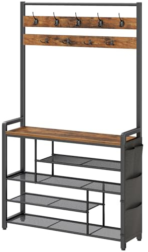 HOOBRO Hall Tree with Bench, Shoe Rack with Coat Rack, 39.4 Coat Rack with Shoe Storage, 5 Tier Shoe Storage Organizer, Oxford Fabric Side Pockets, Coat and Shoe Rack Entryway, Rustic Brown BF46MT01