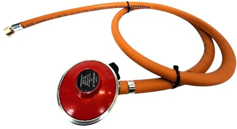 ZaTeChS Gasslang 150 cm med gastrycksregulator 50 mbar för propan butangasflaska Quick-on – 27 mm, anslutning 3/8 tum – 15 mm inuti med tätning – passar vanligtvis med lödbrännare