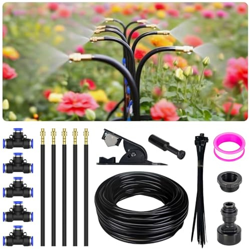 360° Adjustable Irrigation System Kit - Garden Watering System 5M/16.5FT with 5 Nozzles, Drip Irrigation Kit for Garden, Yard, Lawn, Greenhouse, Plants, 5/16 inch Hose