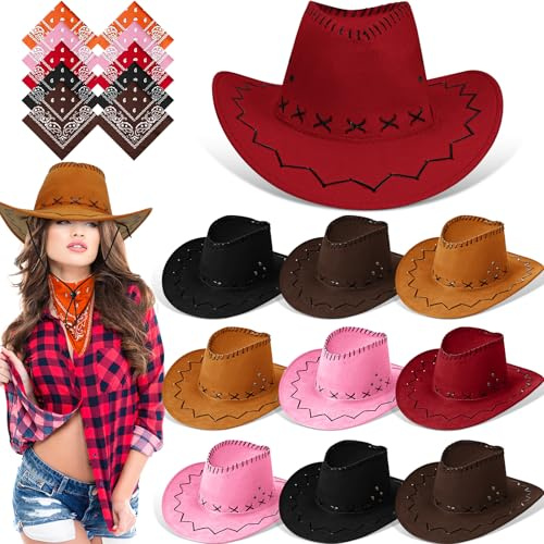 HFZCV 10 Set Cowboy Hat and Bandana, for Women, Men 10 Cowgirl Cowboy Hat Bulk 10 Western Bandanas for Adult Costume Party for Fancy Dress Party Cosplay Costume (Stylish Style, 5 colors)