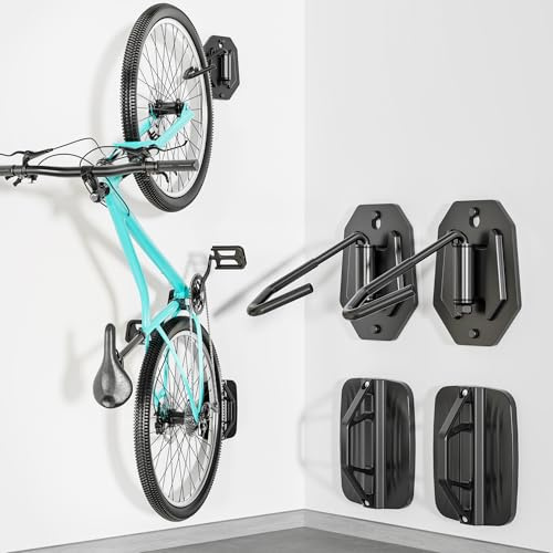PEGZONE Swivel Bike Wall Mount, Heavy Duty Vertical Bike Rack with Fixed Hooks for Garage Storage, Wall Mounted Bicycle Hangers Holds up to 77 lbs for Indoor, 2 Pack