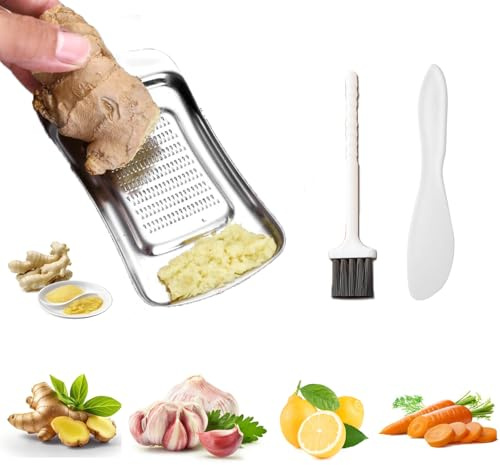 Knoblauchreibe Set, Reibe Edelstahl mit Mini Bürste und Buttermesser, Leicht zu Reinigen Ingwer Reibe, Ingwerreibe für Ingwer, Knoblauch, Zitrone, Zwiebel und Käse (Sliber 1)