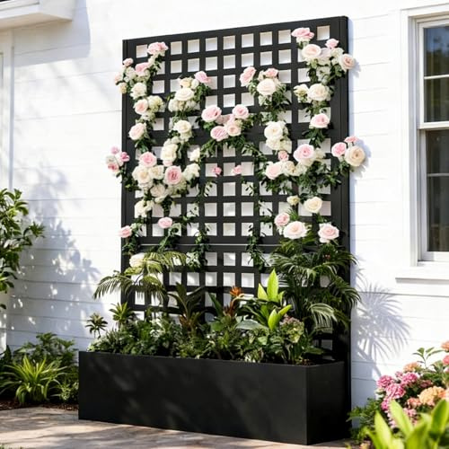 Callales Metal Planter Box with Trellis, Black Raised Garden Bed, Privacy Screen Planters with Trellis for Climbing Plants Vegetable Flowers Outdoor Indoor, Large 1Pc