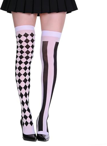Medias de payaso Harlekin para mujer, color negro y blanco, medias de circo, 70 cm, a rayas, patrón de cuadros, medias para carnaval, fiesta temática, cosplay