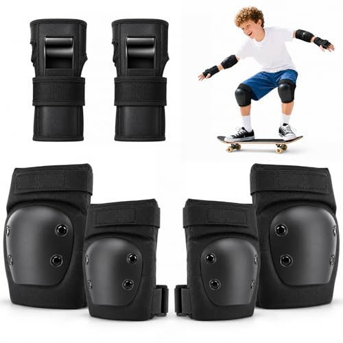 Youth Kids Adult Knee Pads Elbow Pads Wrist Guards Set, 6 in 1 Protective Gear for Roller Skating, Skateboard, Inline Skating, Scooter, BMX, Cycling, Outdoor Sports (3-15 Years & Adults)