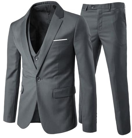 Allthemen Mens Suits 3 Piece Slim Fit 1 Button Business Formal Blazer Jacket Waistcoat Trousers Wedding Grey L