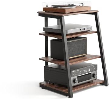 FITUEYES Design 4-Tier AV Media Stand Corner Shelf for Record Player Wooden Stereo Cabinet Audio Rack Tower with Height Adjustable Wooden Shelves for ps4 (Walnut)