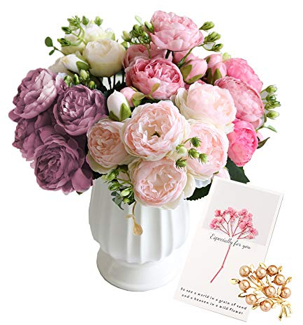 OuLi Store®4 Bouquets de Fleurs artificielles en Soie Pivoine Artificielle Fausse Fleur glorieuse pour la décoration de Maison, 5 fourchettes, 9 têtes (4 Bouquets-Rose+Rose Clair+Blanc+Violet)