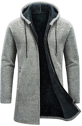 KUDORO Cardigan Homme Long à Capuche Zippé,Pull Homme Cardigan en Tricot Hoodie Épais et Décontractée Chandail Homme Sweats à Capuche Homme(Gris Clair,XL)