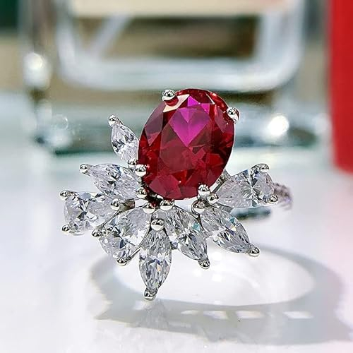 DJMJHG 100% 925 Sterling Silver 7×9mm Oval Synthetic Ruby Ice Flower Cut Rings for Women Wedding Fine Jewelry 9