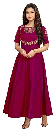 TRENDMALLS Femmes Leeva Silk Broderie Anarkali Kurti Claf-Manches Courtes Kurti pour Femme, Violet, 46
