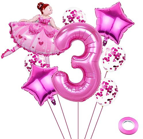 Weenkeey 3 anni Ballerina Palloncini di compleanno giganti Ballerina in alluminio Numero 3 Palloncini in mylar per il balletto Festa a tema Baby Shower Ragazze Compleanno Decor - Rosa