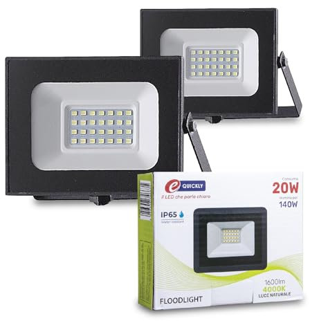 E-QUICKLY faretti LED da esterno - 20W, potente proiettore da 1600 lumen, faretto led da esterno con luce bianca naturale 4000K, faro LED grado di impermeabilità IP65, faretti da giardino 220V, 2 PZ